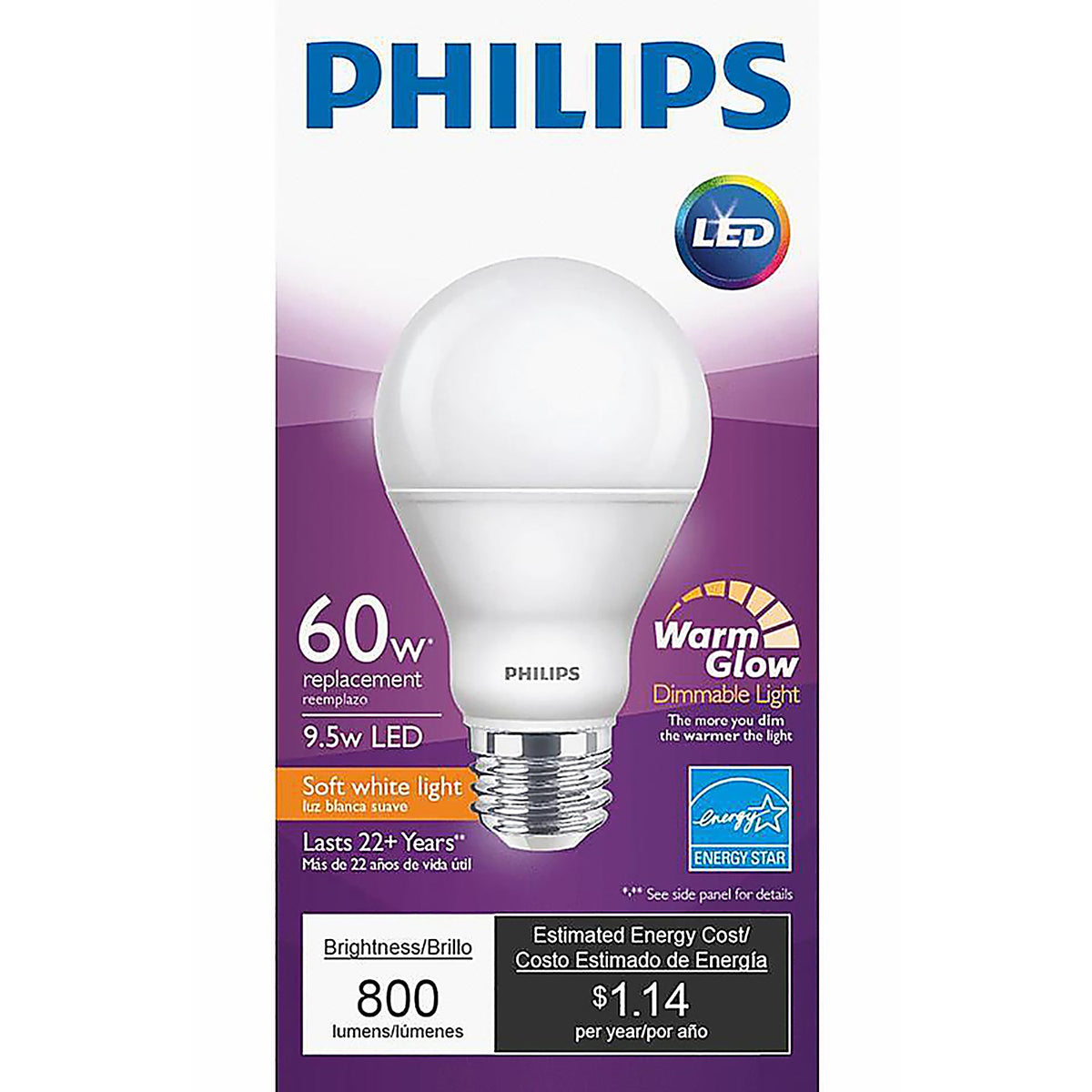 Philips - 479444 - A19 E26 (Medium) LED Bulb Warm White 60 Watt Equivalence 1 Pack