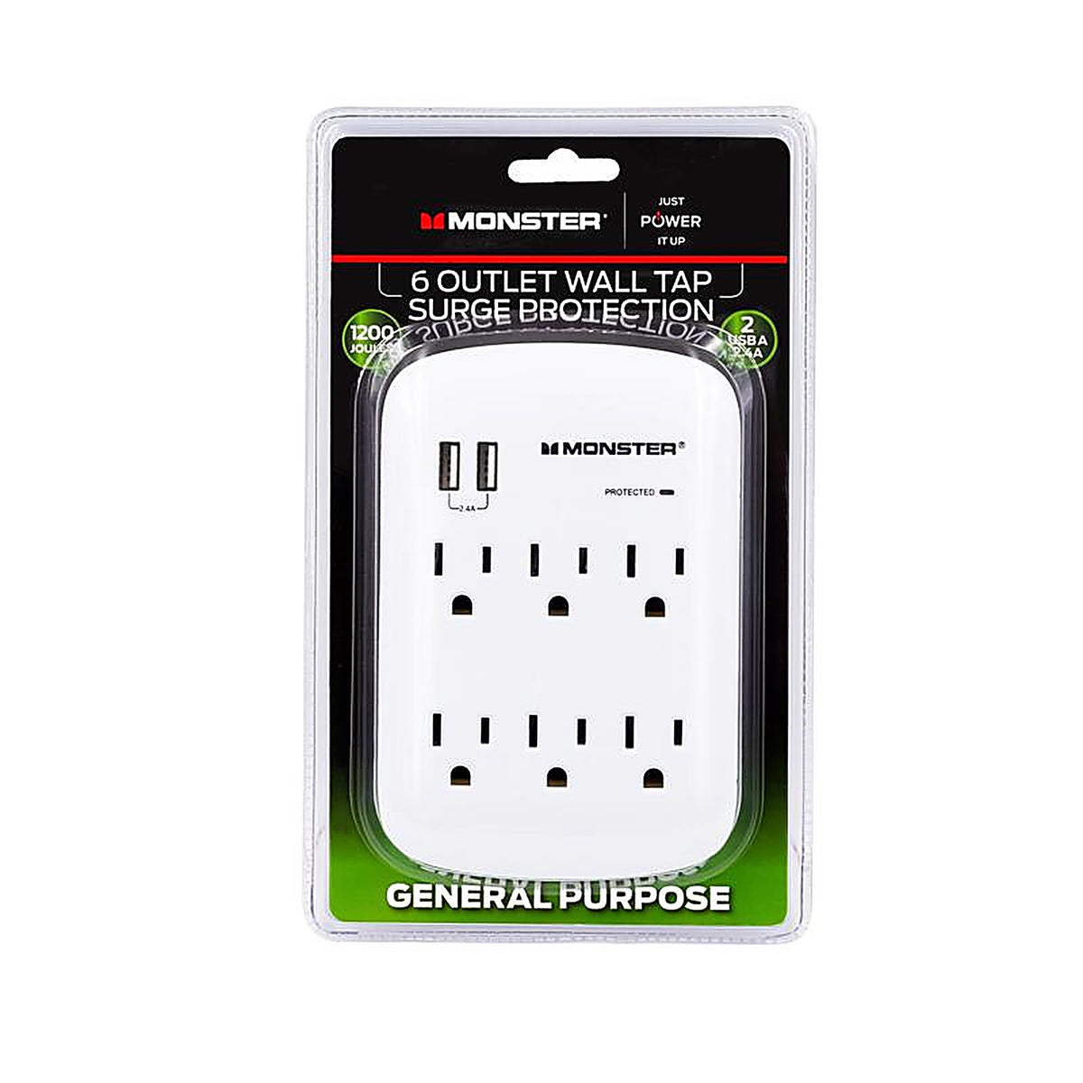 Monster - 1604 - Just Power It Up 0 Ft. L 6 Outlets Wall Tap Surge Protector w/USB White 1200 J