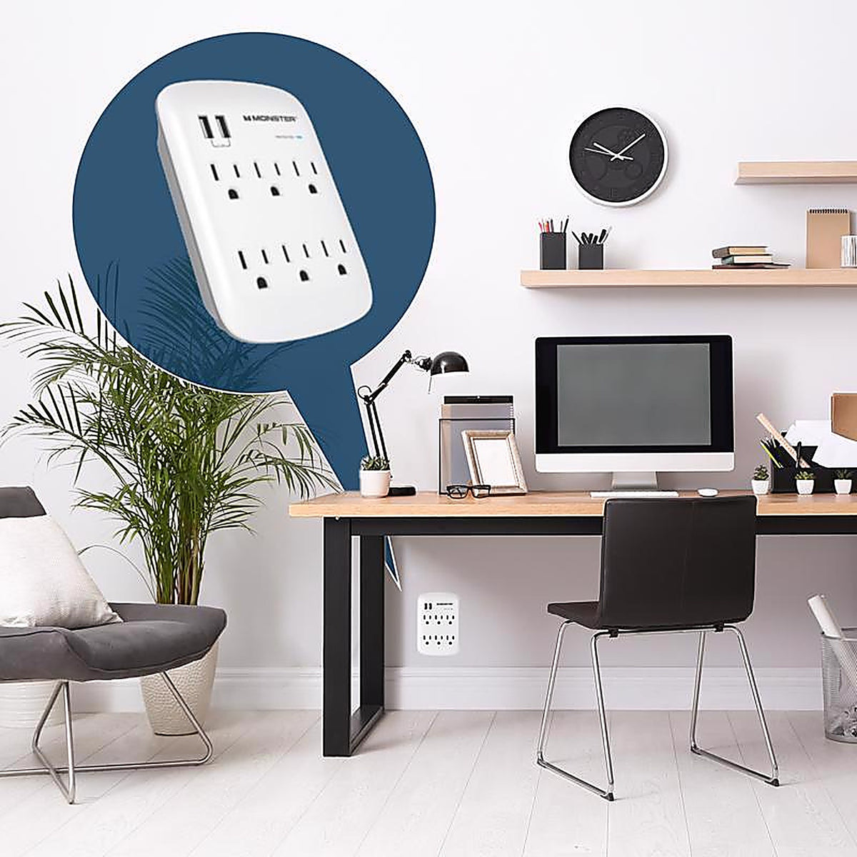 Monster - 1604 - Just Power It Up 0 Ft. L 6 Outlets Wall Tap Surge Protector w/USB White 1200 J