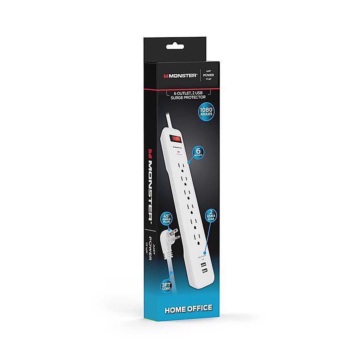 Monster - 1804 - Just Power It Up 3 Ft. L 6 Outlets Surge Protector w/USB White 1080 J