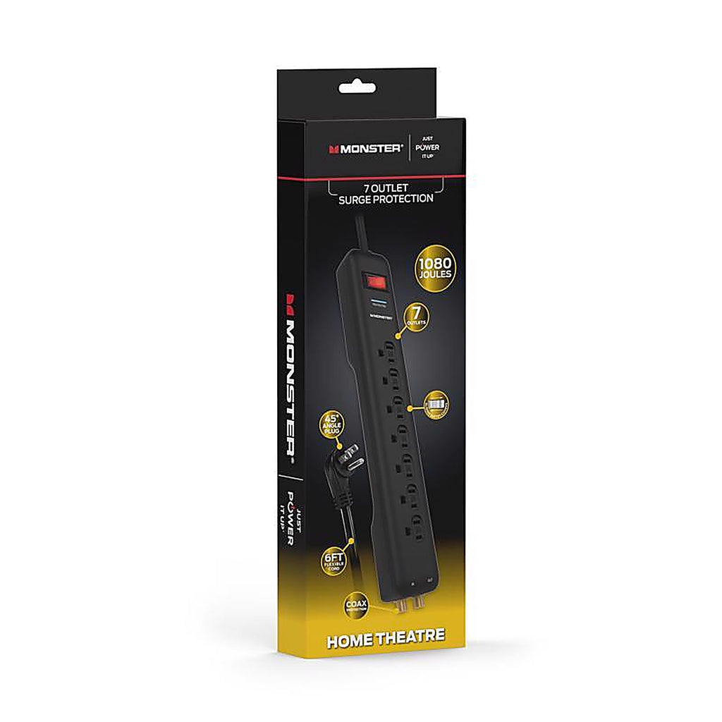 Monster - 1806 - Just Power It Up 6 Ft. L 7 Outlets Surge Protector Black 1080 J