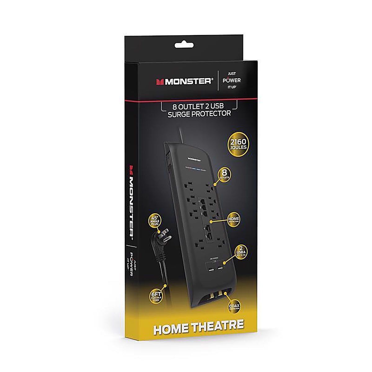 Monster - 1812 - Just Power It Up 6 Ft. L 8 Outlets Surge Protector w/USB Black 2160 J