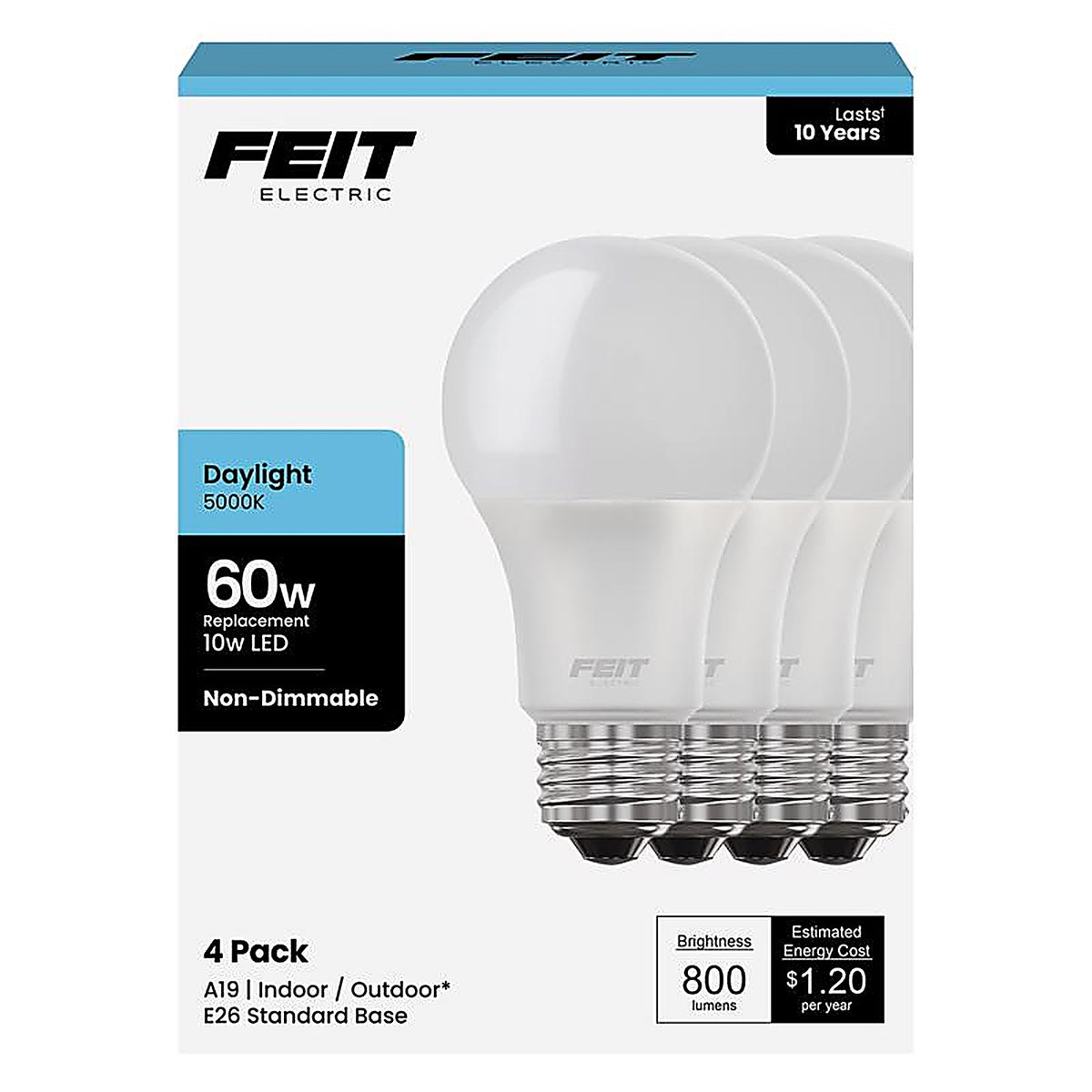 Feit - A80085010KLED/4 - A19 E26 (Medium) LED Bulb Daylight 60 Watt Equivalence 4 Pack