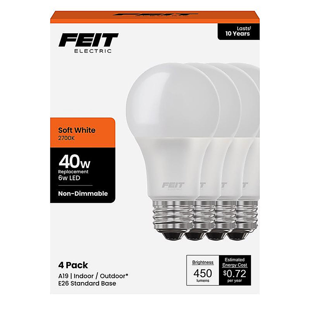 Feit - A45082710KLED/4 - A19 E26 (Medium) LED Bulb Soft White 40 Watt Equivalence 4 Pack