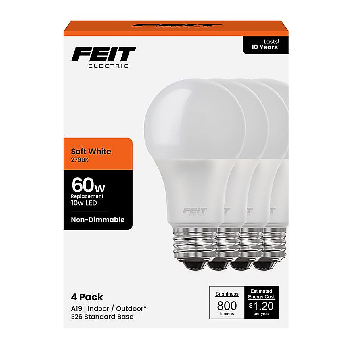 Feit - A80082710KLED/4 - A19 E26 (Medium) LED Bulb Soft White 60 Watt Equivalence 4 Pack