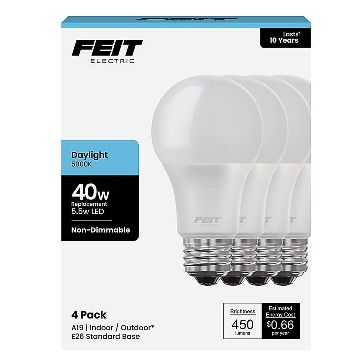 Feit - A45085010KLED/4 - A19 E26 (Medium) LED Bulb Daylight 40 Watt Equivalence 4 Pack