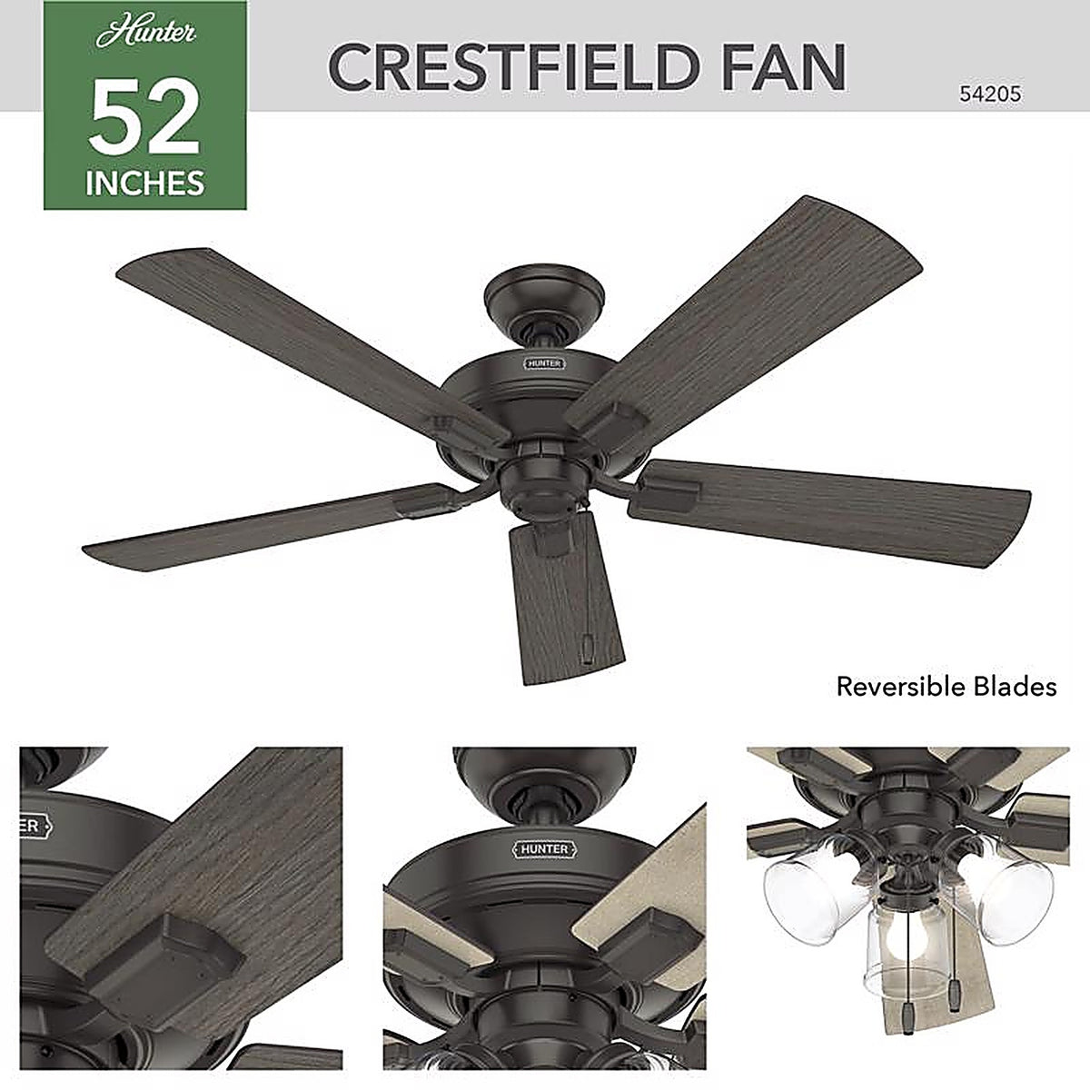 Hunter 54205 Crestfield 52 in. Bronze LED Indoor Ceiling Fan