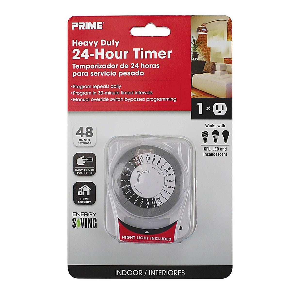 Prime TNINL2412-RC Indoor 24 Hour Mechanical Timer with Nightlight and Grounded Outlet 125 volt White