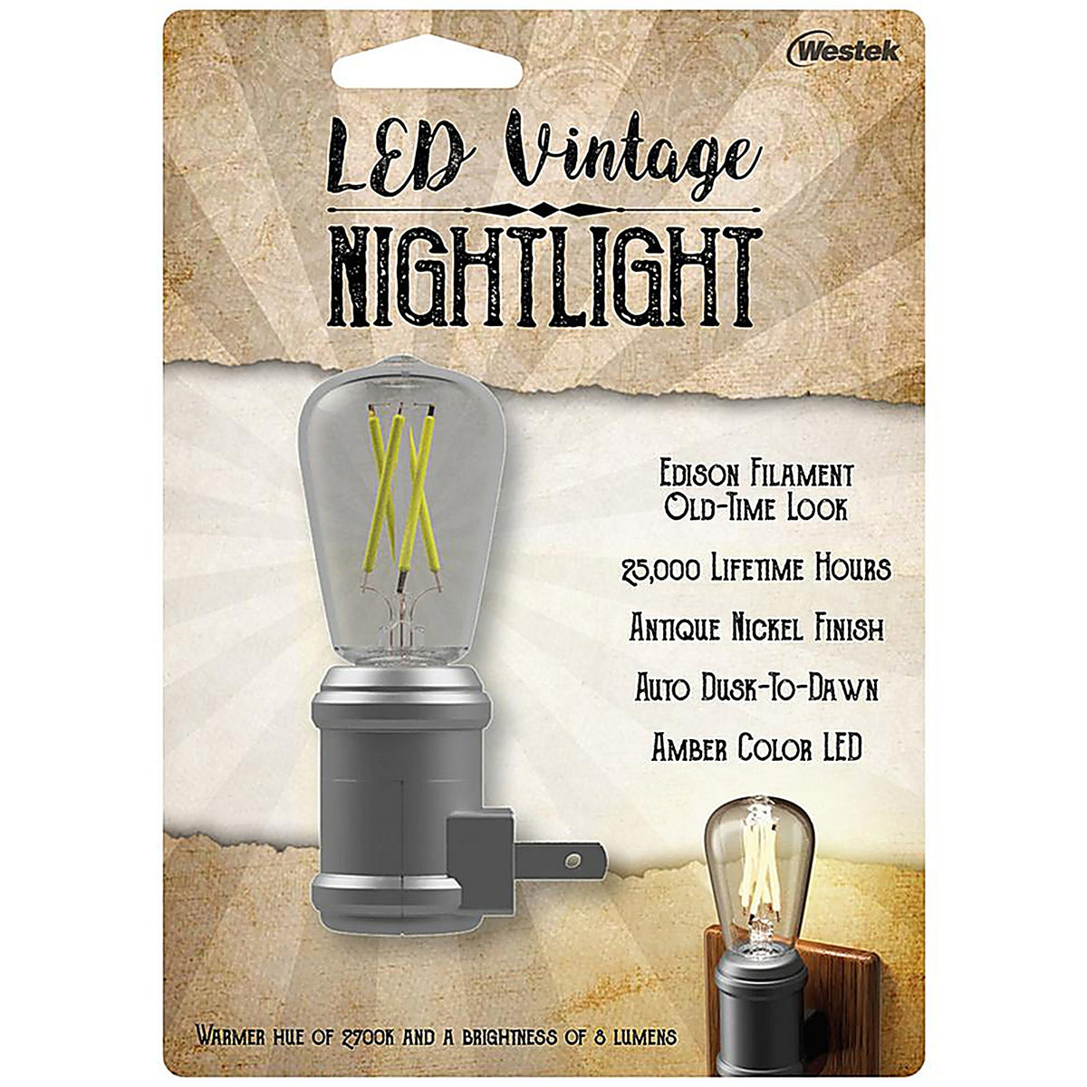Westek NL-EDSN-DN AmerTac Automatic Plug-in Vintage Edison Aged Nickel LED Night Light