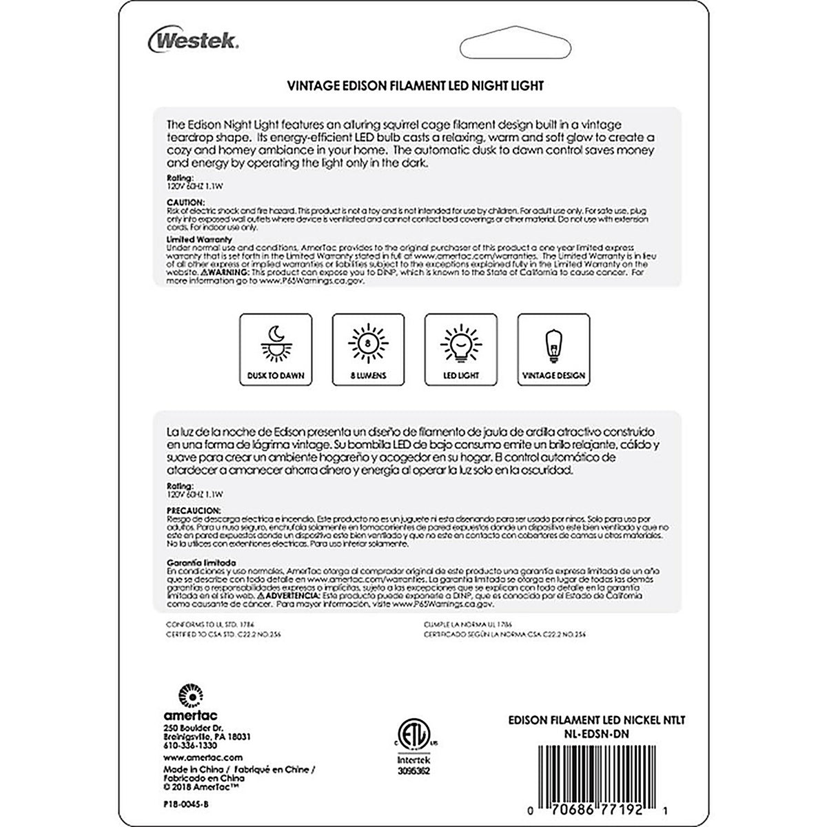 Westek NL-EDSN-DN AmerTac Automatic Plug-in Vintage Edison Aged Nickel LED Night Light