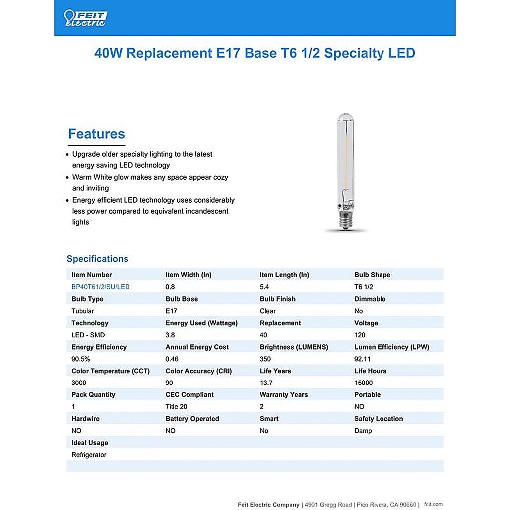 Feit Electric BP40T61/2SULED T6.5 E17 (Intermediate) LED Bulb Warm White 40 W 1 pk