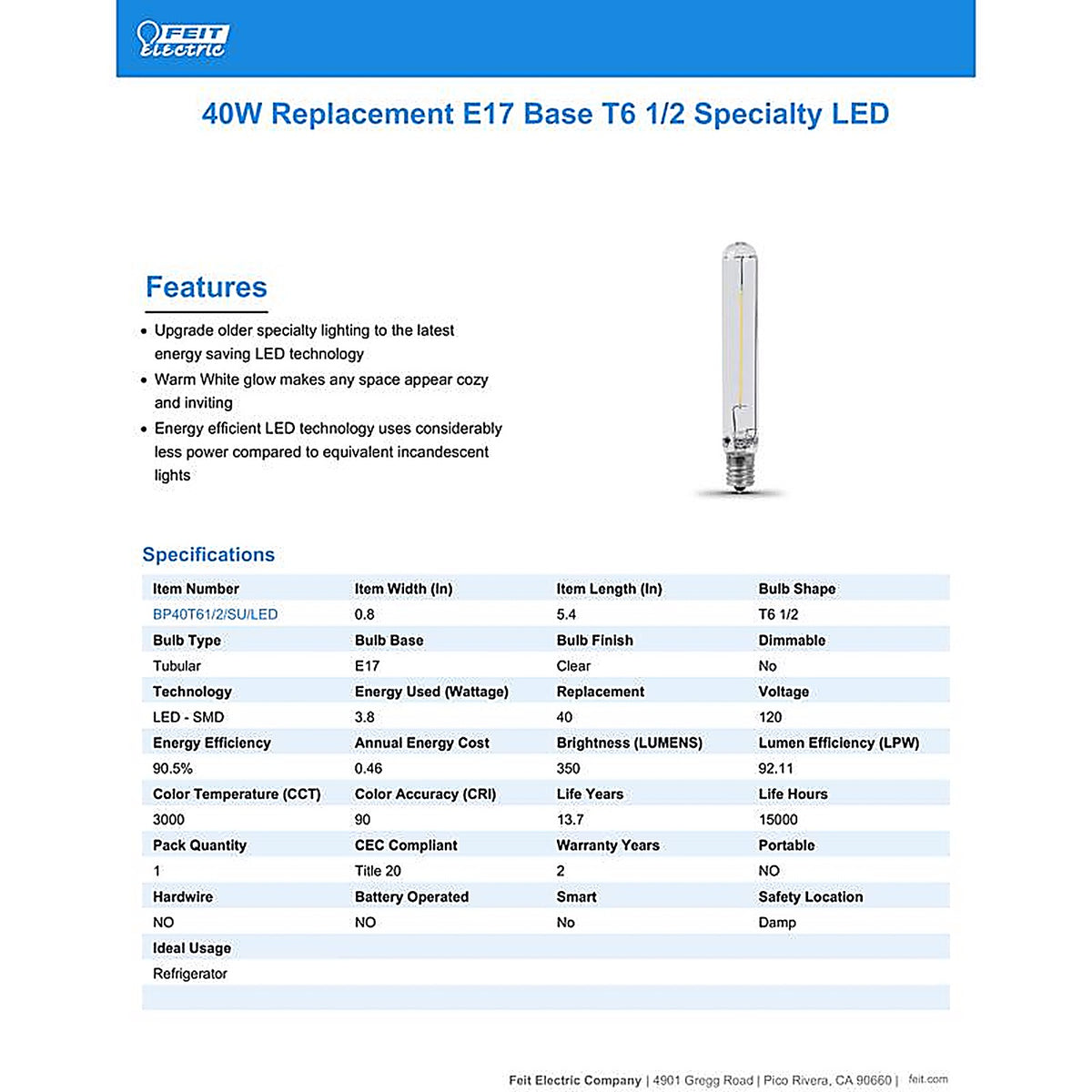 Feit Electric BP40T61/2SULED T6.5 E17 (Intermediate) LED Bulb Warm White 40 W 1 pk