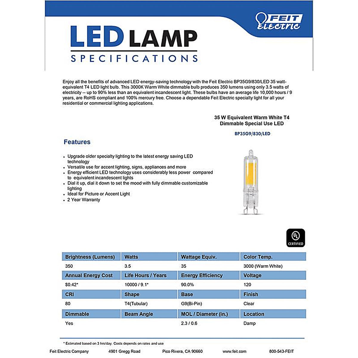 Feit Electric BP35G9/830/LED G9 G9 LED Bulb Warm White 35 W 1 pk