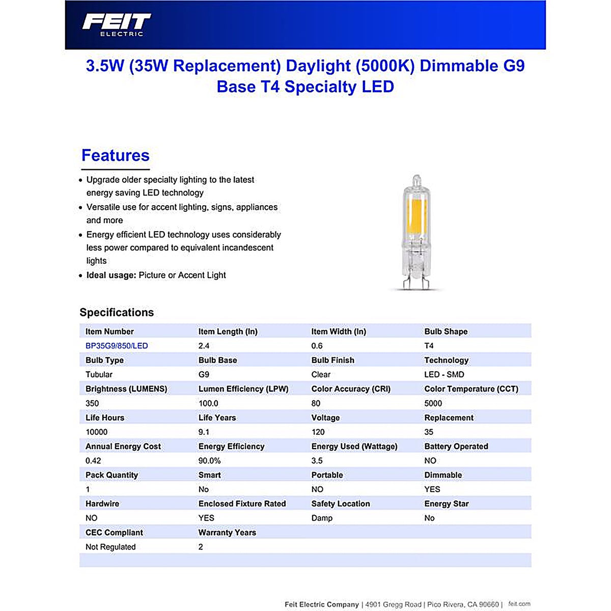 Feit Electric BP35G9/850/LED G9 G9 LED Bulb Daylight 35 W 1 pk