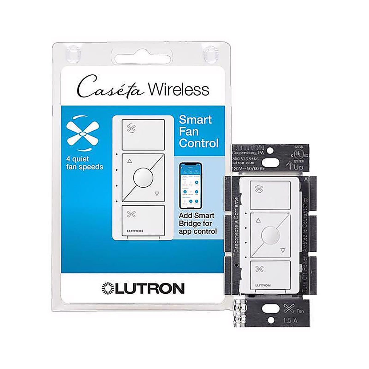 Lutron - PD-FSQN-WH-R - Caseta 1.5 Amps Single Pole Wireless Smart-Enabled Fan Control White 1 Pack