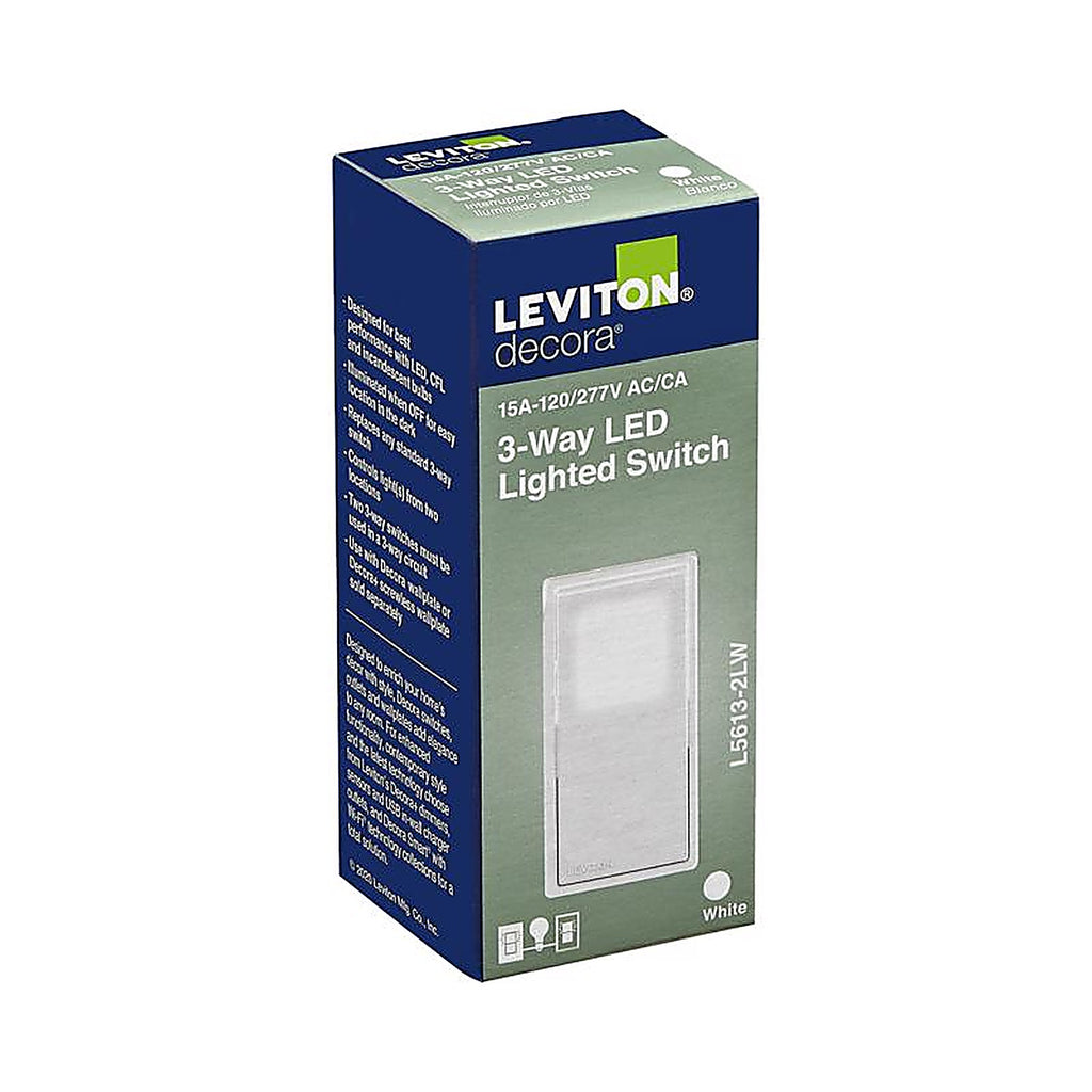 Leviton - L5613-2LW - Decora 15 Amps Three Pole Rocker 3-Way Illuminated Switch White 1 Pack