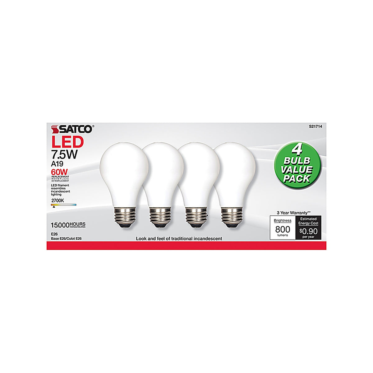 Satco - S12466 - A19 E26 (Medium) Filament LED Bulb Warm White 60 Watt Equivalence 4 Pack
