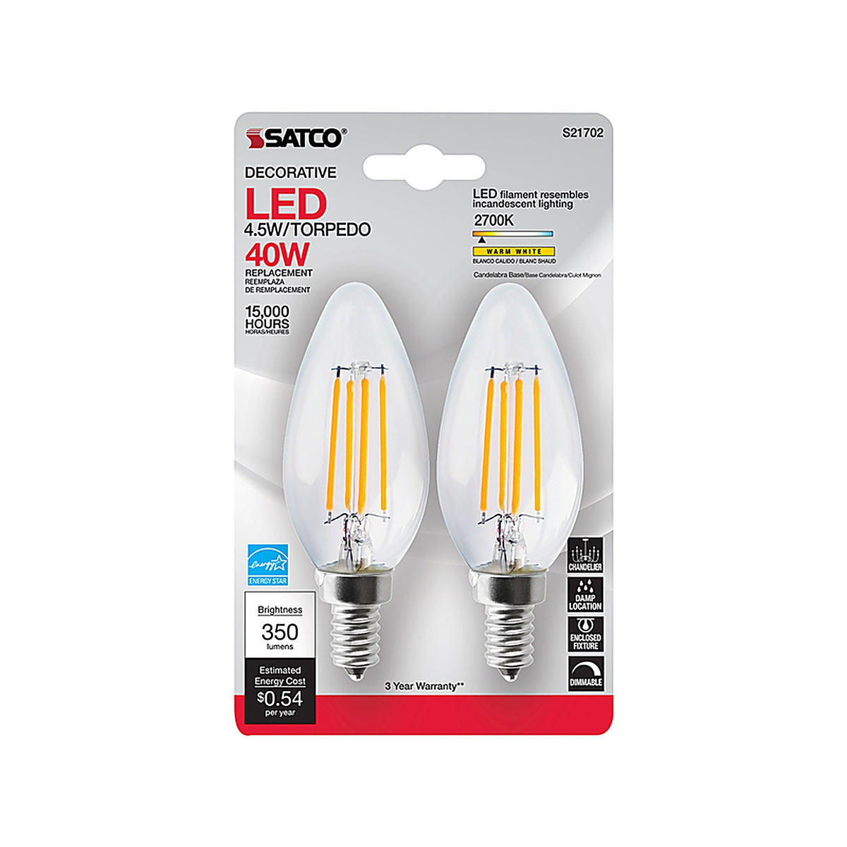 Satco - S21819 - B11 E12 (Candelabra) Filament LED Bulb Warm White 40 Watt Equivalence 2 Pack