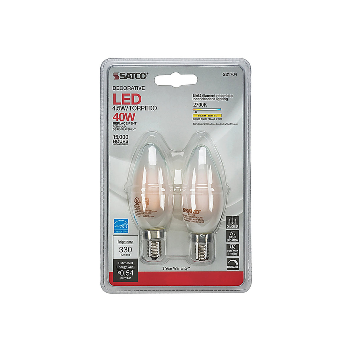 Satco - S21823 - B11 E12 (Candelabra) Filament LED Bulb Warm White 40 Watt Equivalence 2 Pack
