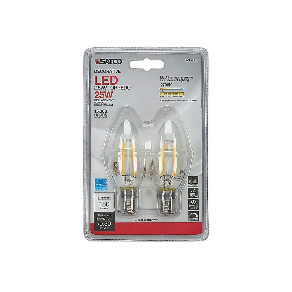 Satco - S21817 - B11 E12 (Candelabra) Filament LED Bulb Warm White 25 Watt Equivalence 2 Pack