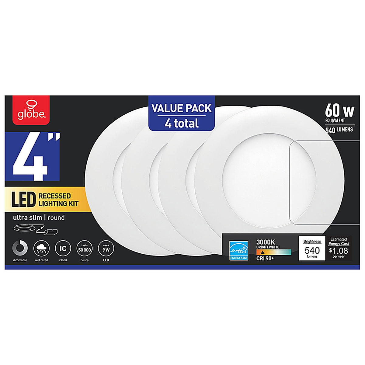 Globe Electric 91495 Ultra Slim Energy Star White 4 in. W Aluminum LED Recessed Lighting Kit 9 watt