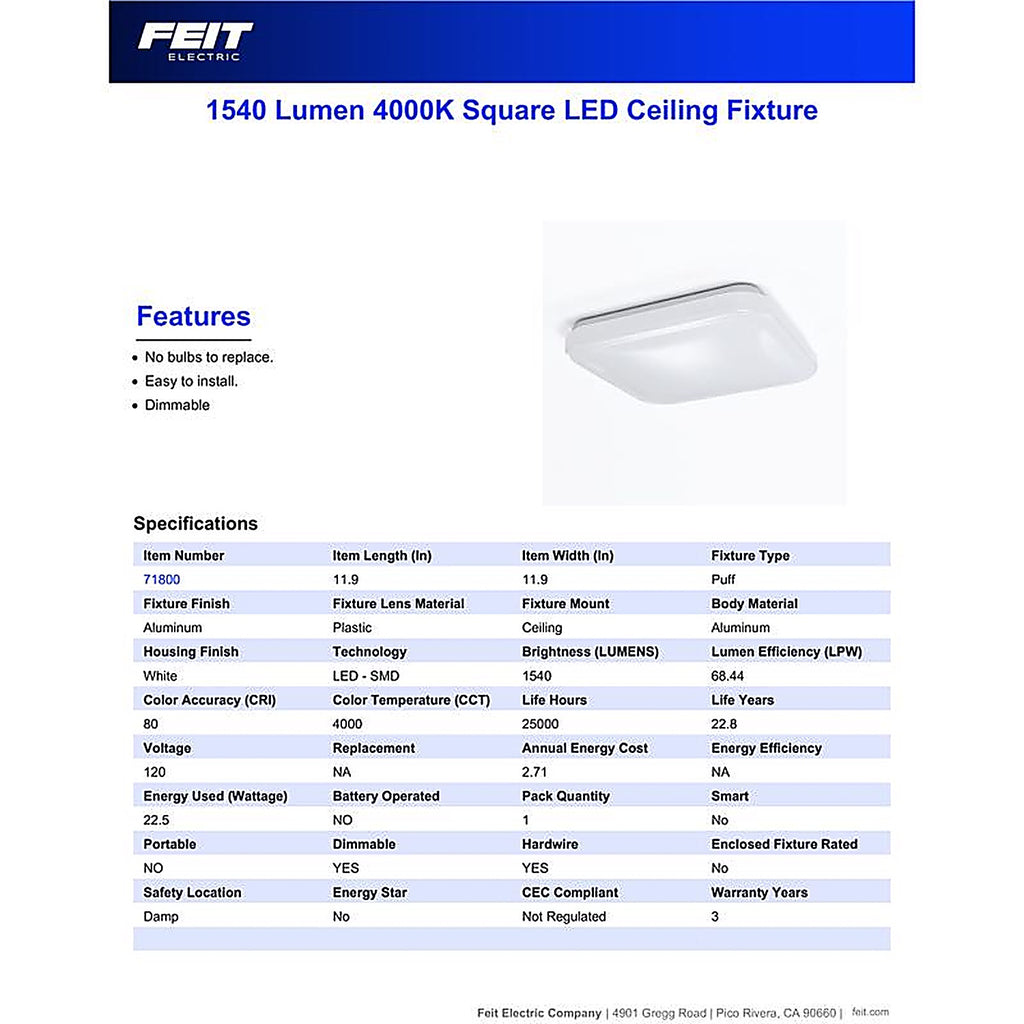 Feit Electric 71800 3.5 in. H X 12 in. W X 12 in. L White LED Ceiling Light Fixture