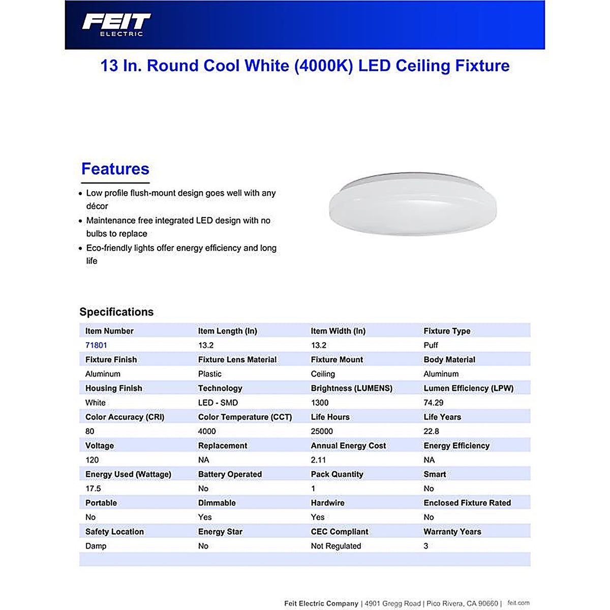 Feit Electric 71801 13 in. H X 13 in. W X 3.8 in. L White LED Ceiling Light Fixture