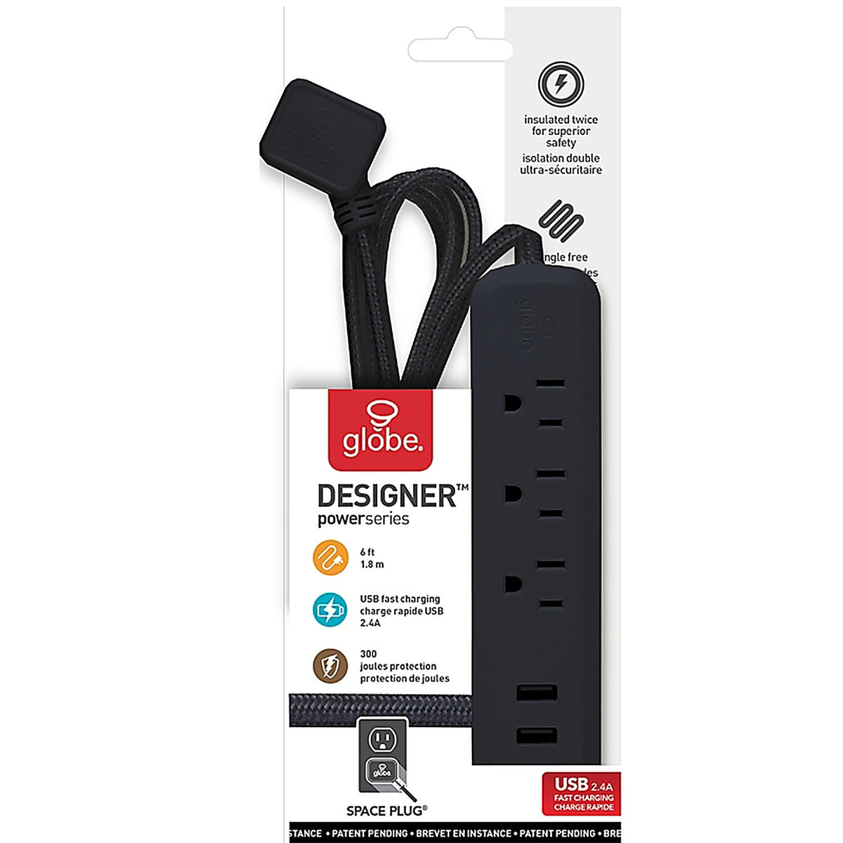 Globe Electric 78472 Designer 6 ft. L 3 outlets Power Strip with USB Ports Black