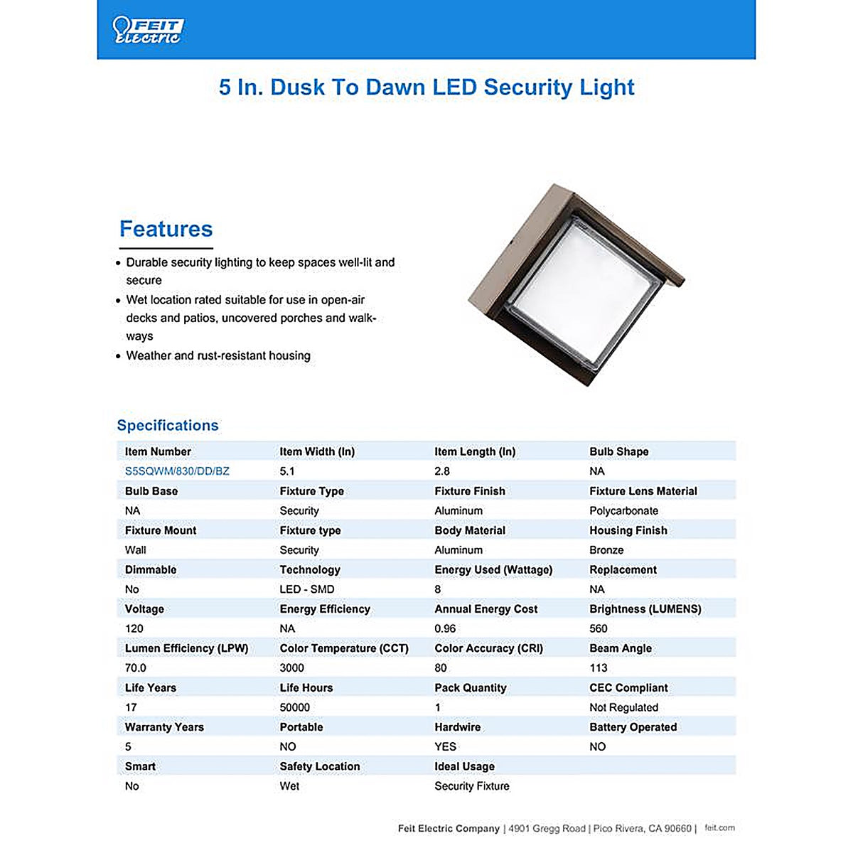 Feit Electric S5SQWM/830/DDBZ Bronze Dusk to Dawn LED Light Fixture
