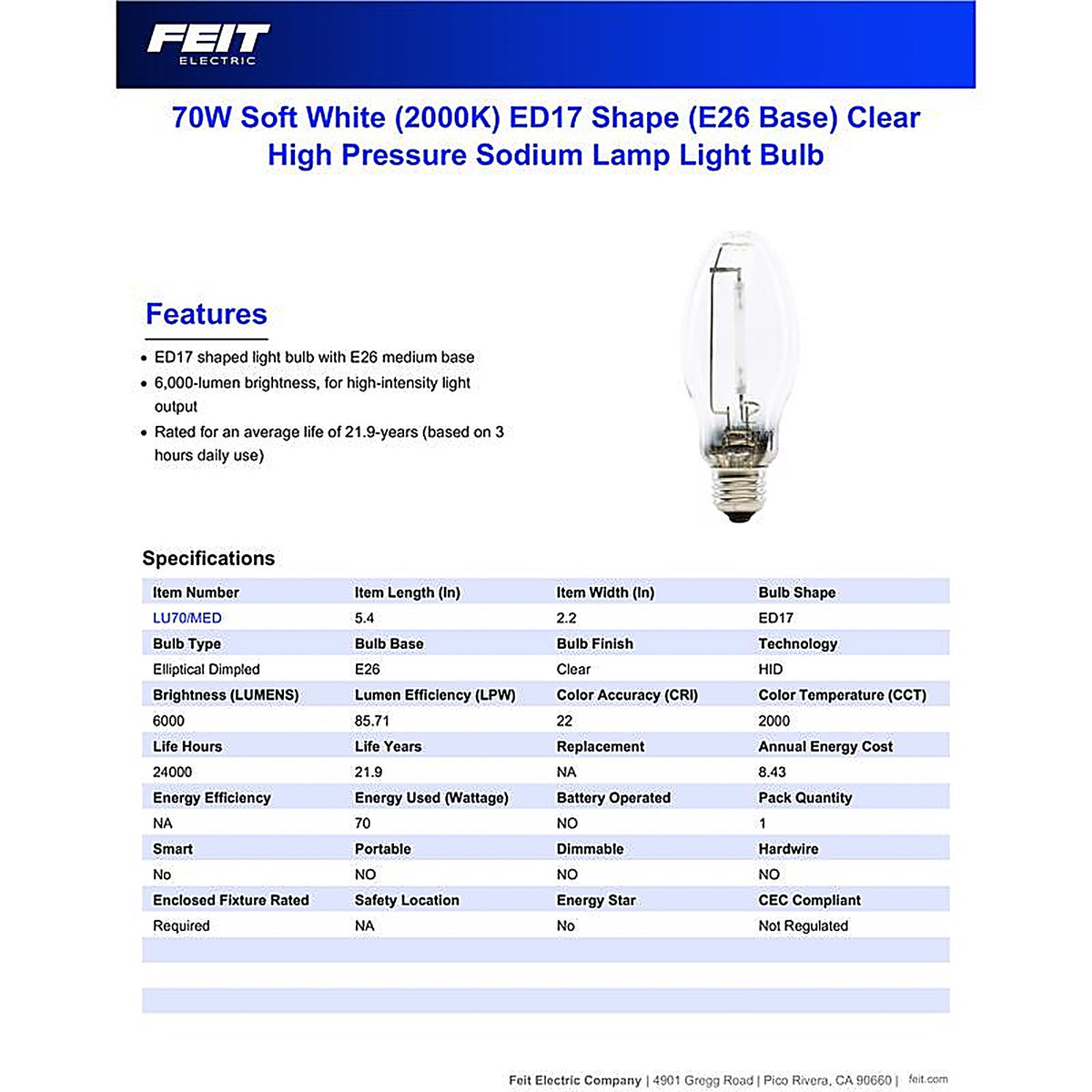 Feit Electric LU70/MED 70 W ED17 HID Bulb 6000 lm Daylight High Pressure Sodium 1 pk
