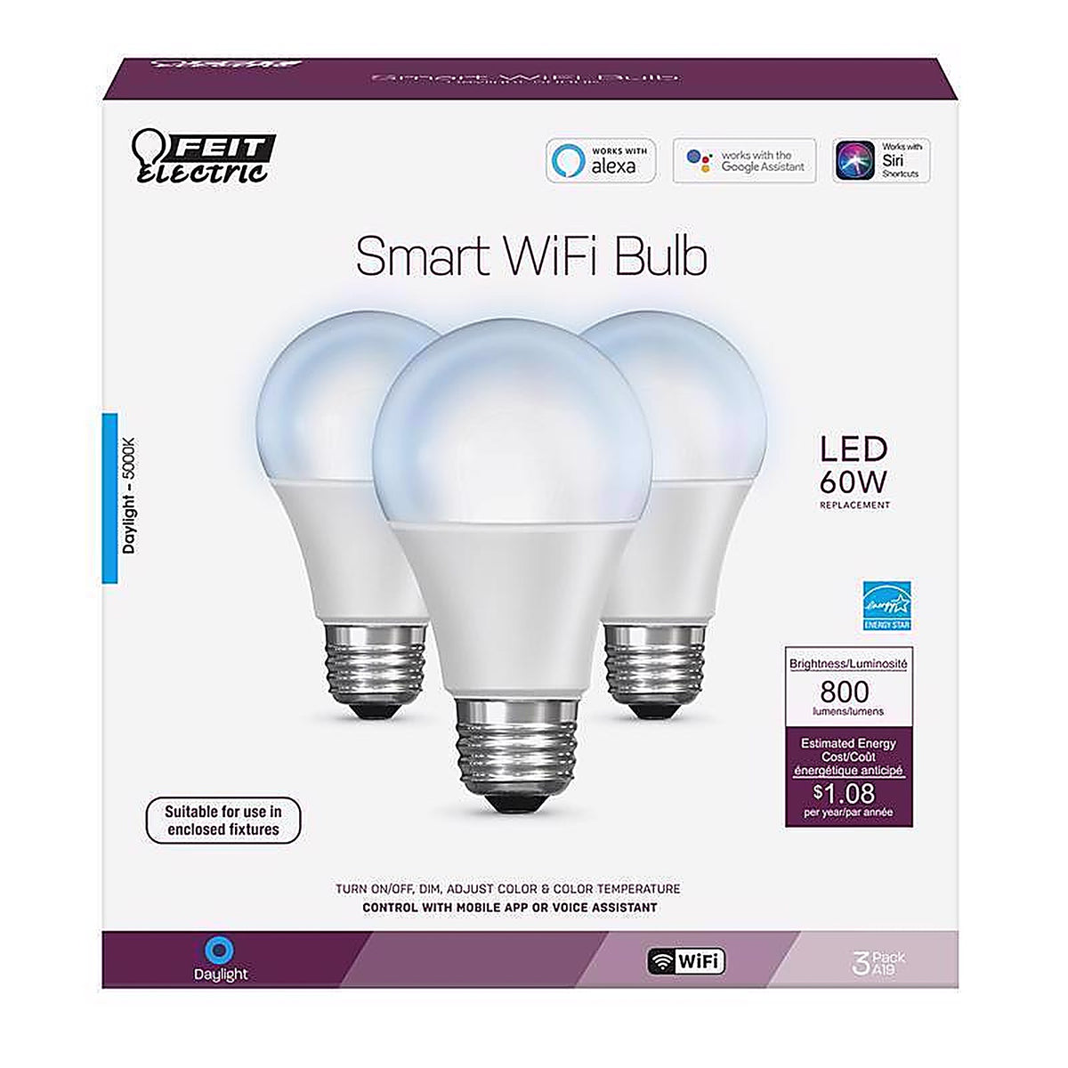 Feit Electric OM60/950CA/AG/3 A19 E26 (Medium) LED Smart WiFi Bulb Daylight 60 W 3 pk