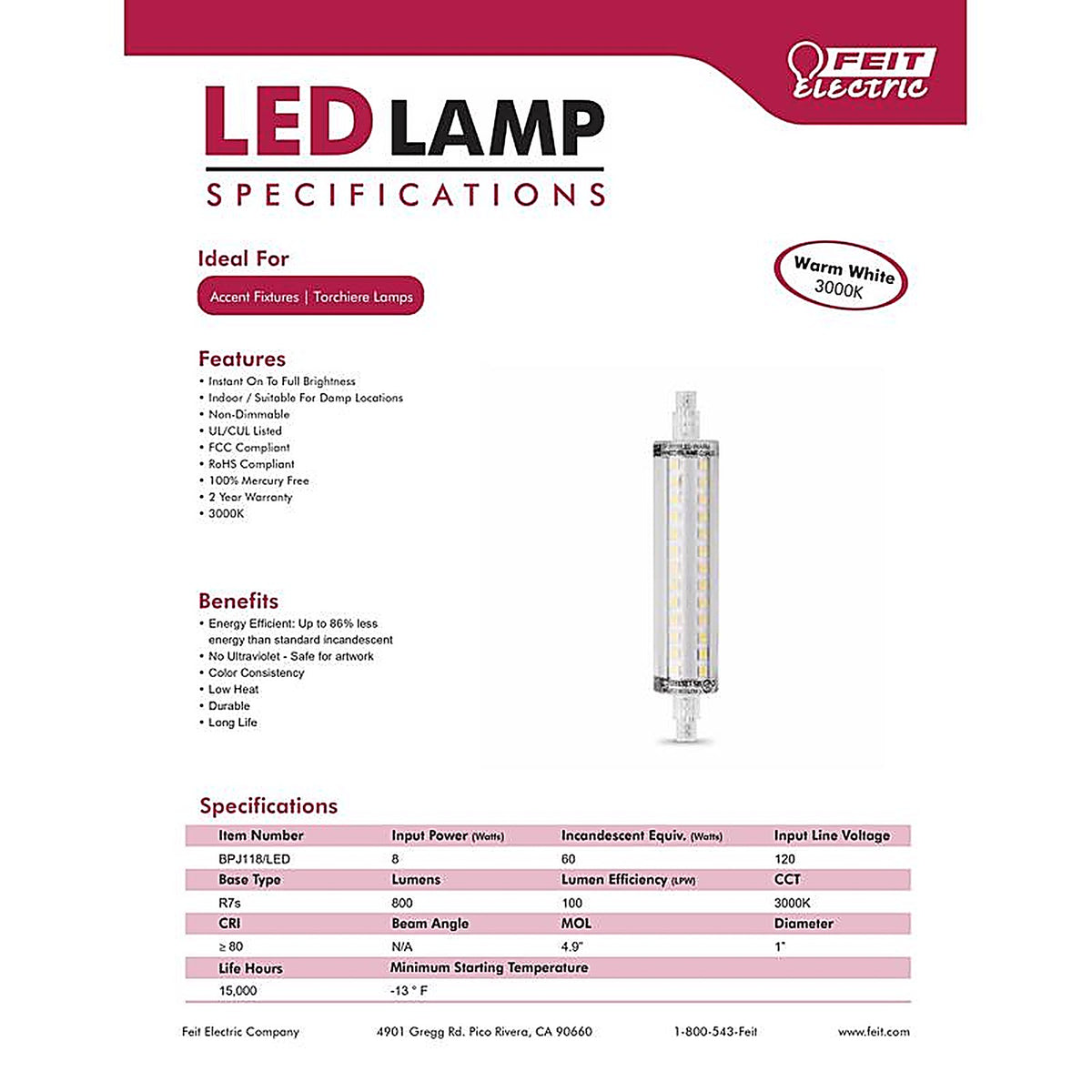 Feit - BPJ118/LED - R7s R7 LED Bulb Bright White 60 Watt Equivalence 1 Pack