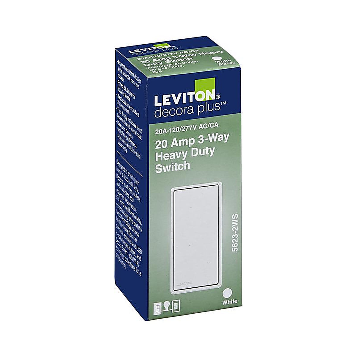Leviton A5623-02W Decora Plus 20 amps 3-Way Antimicrobial Treated Rocker AC Quiet Switch White 1/Pack