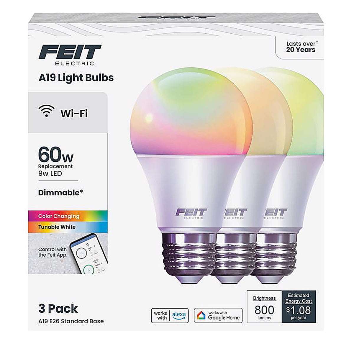 Feit Electric OM60RGBWCAAG3 A19 E26 (Medium) LED Smart WiFi Bulb Color Changing 60 W 3 pk