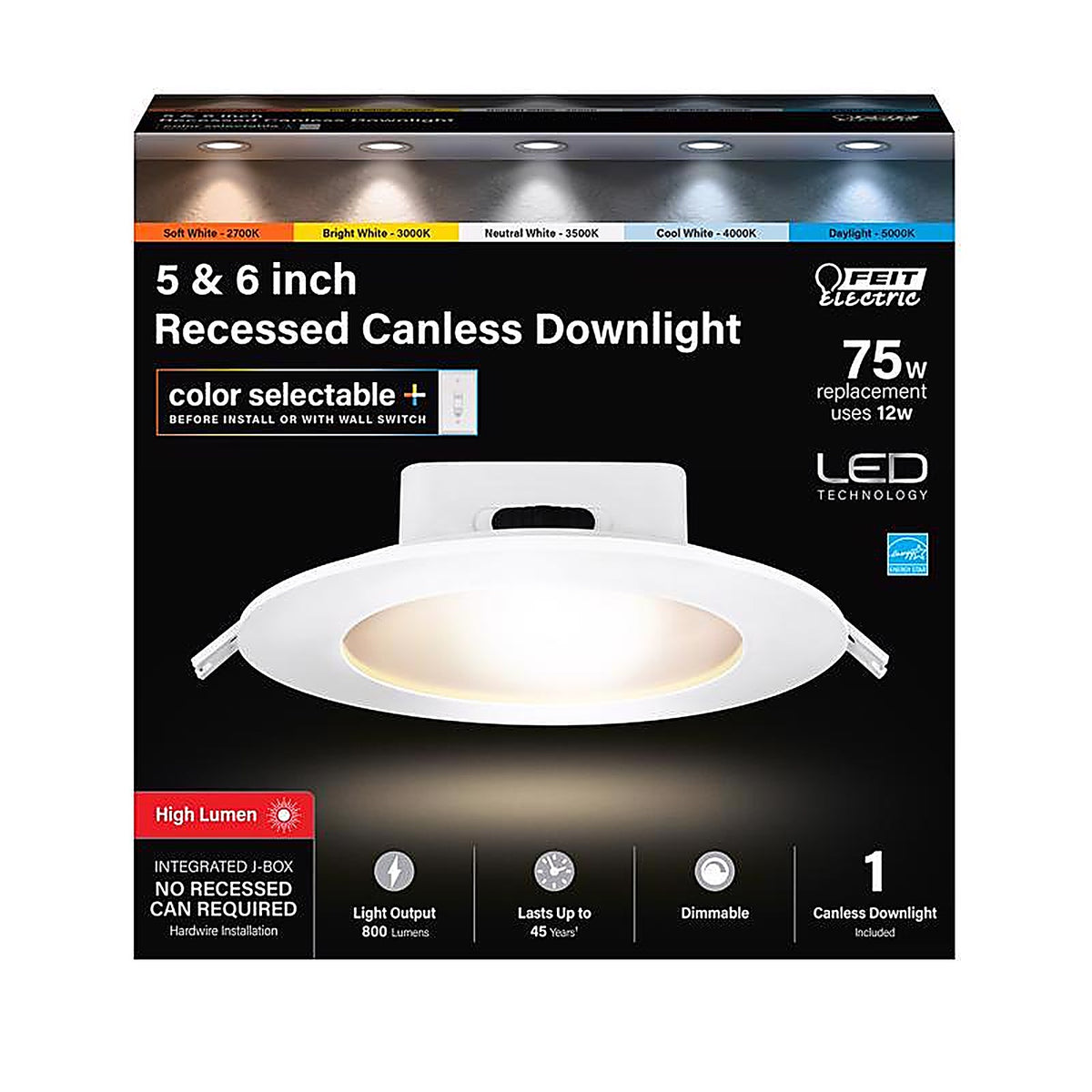 Feit Electric LEDR56JBX/6WYCA Warm White 5-6 in. W Aluminum LED Dimmable Recessed J-Box Downlight 12 W
