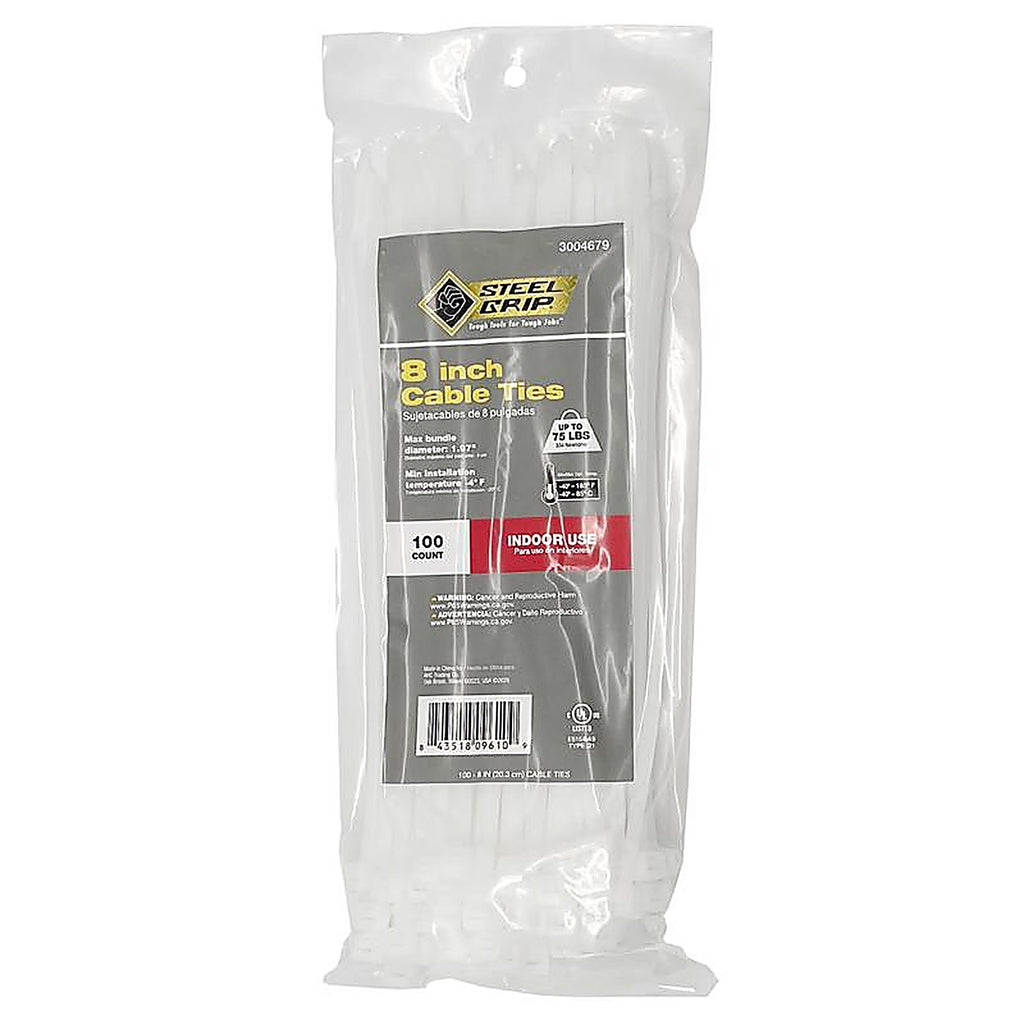 Steel Grip 75S-200-8-NC 8 in. L White Cable Tie 100/Pack