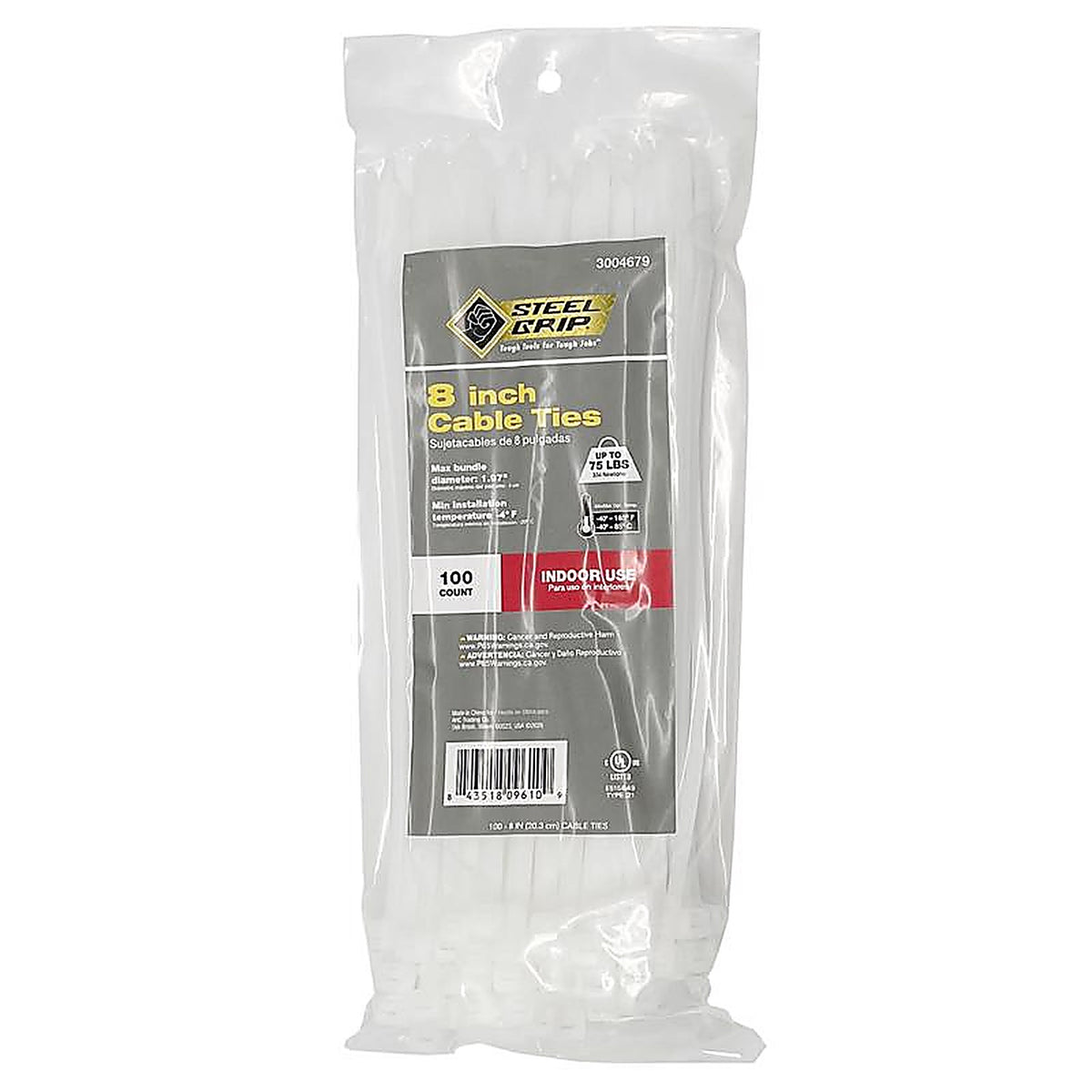 Steel Grip 75S-200-8-NC 8 in. L White Cable Tie 100/Pack