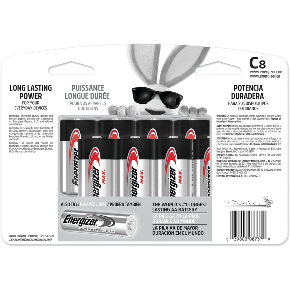 Energizer E93BP-8H Max C Alkaline Batteries 8 pk Carded