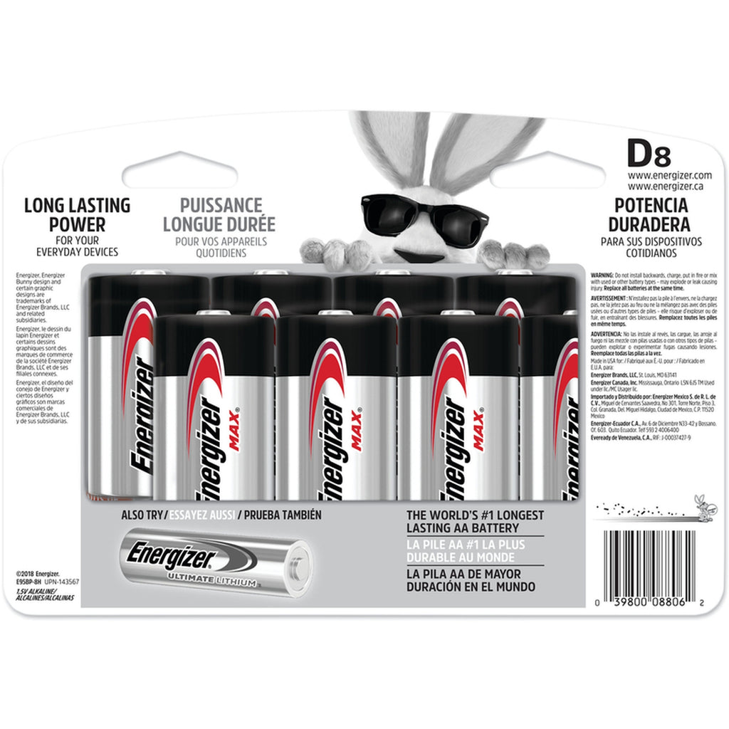 Energizer E95BP-8H Max D Alkaline Batteries 8 pk Carded