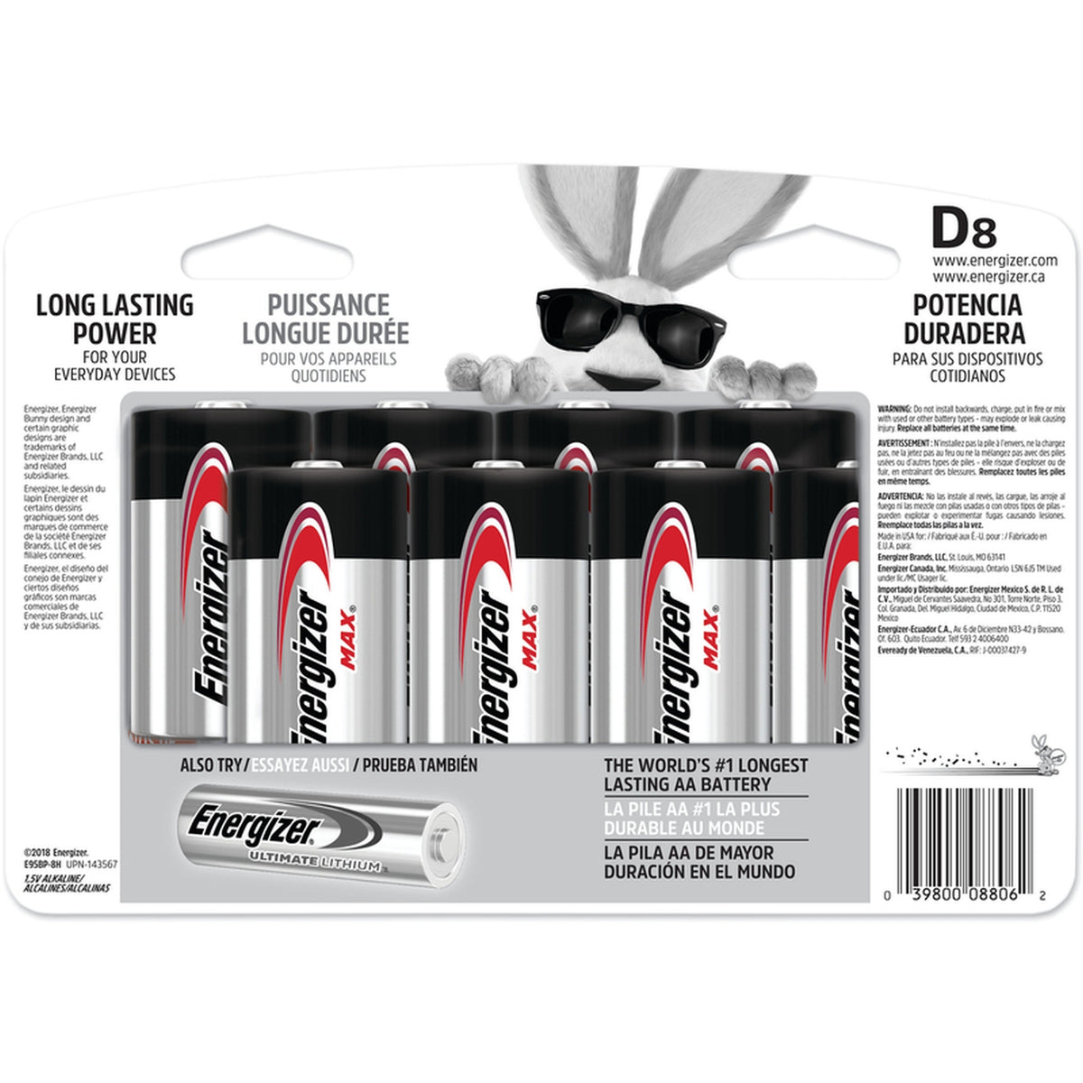Energizer E95BP-8H Max D Alkaline Batteries 8 pk Carded