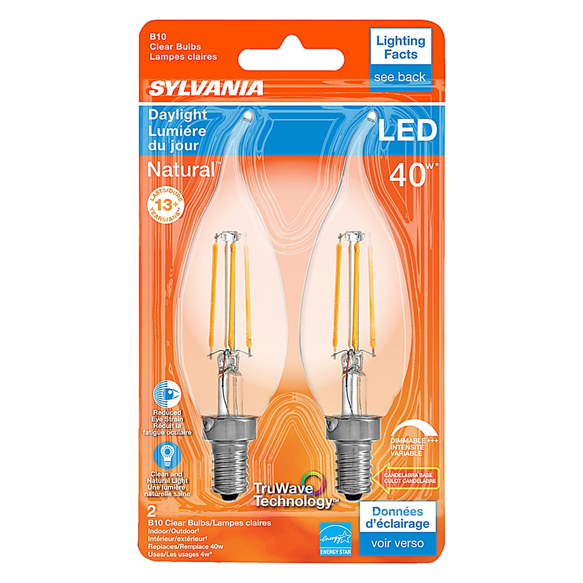 Sylvania 40791 Natural B10 E12 (Candelabra) LED Bulb Daylight 40 W 2 pk