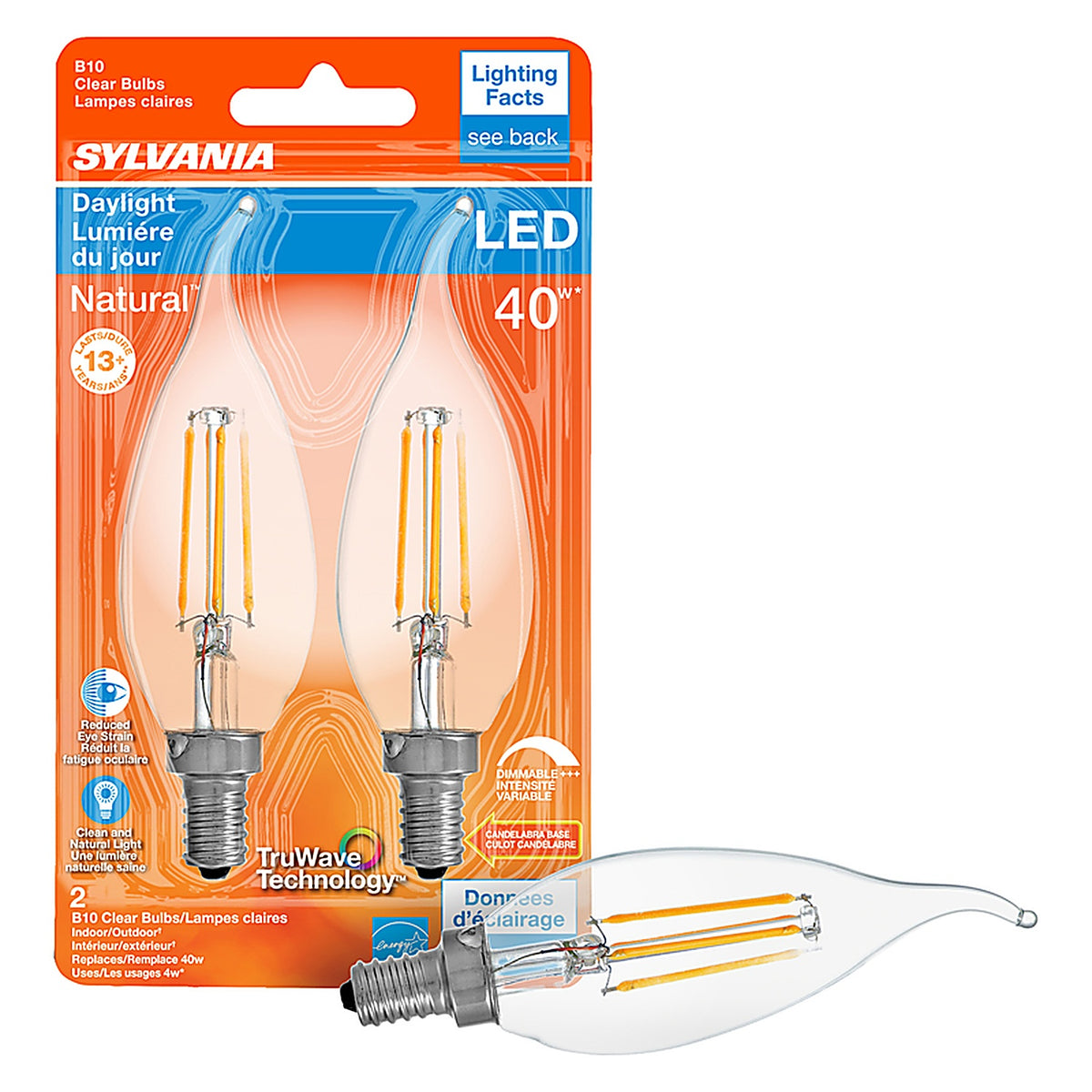 Sylvania 40791 Natural B10 E12 (Candelabra) LED Bulb Daylight 40 W 2 pk