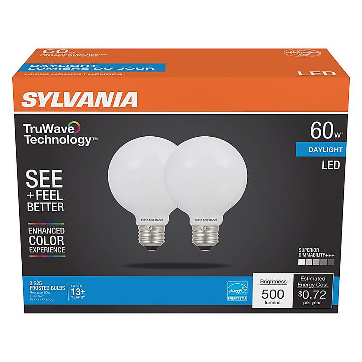 Sylvania 40768 Natural G25 E26 (Medium) LED Bulb Daylight 60 W 2 pk