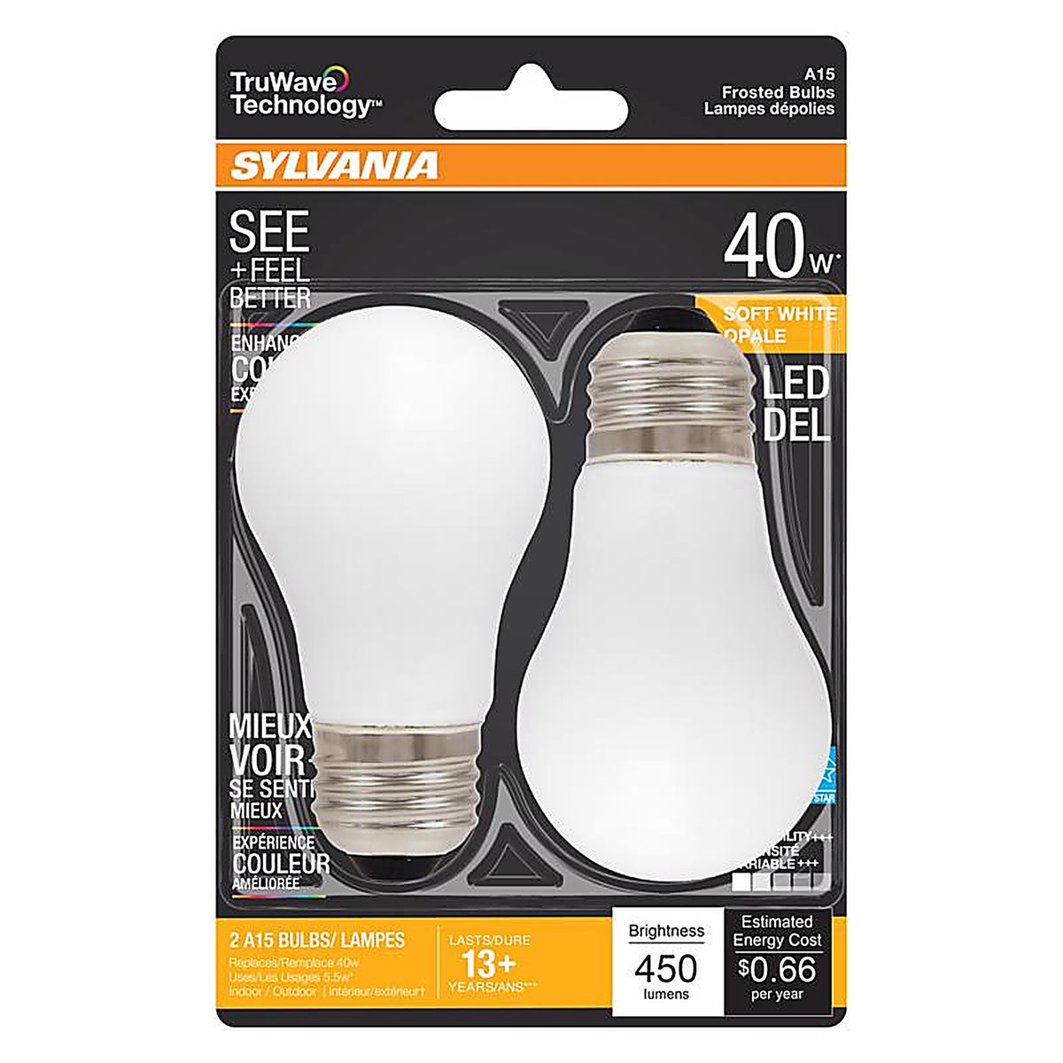 Sylvania 40762 Natural A15 E26 (Medium) LED Bulb Soft White 40 W 2 pk