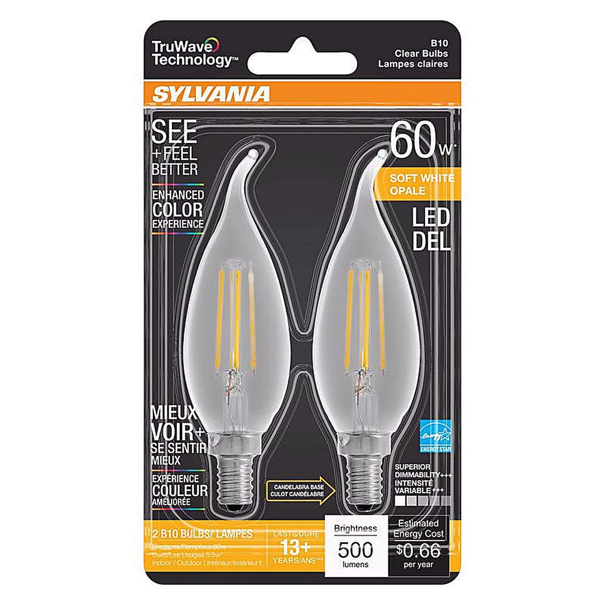 Sylvania 40757 Natural B10 E12 (Candelabra) LED Bulb Soft White 60 W 2 pk