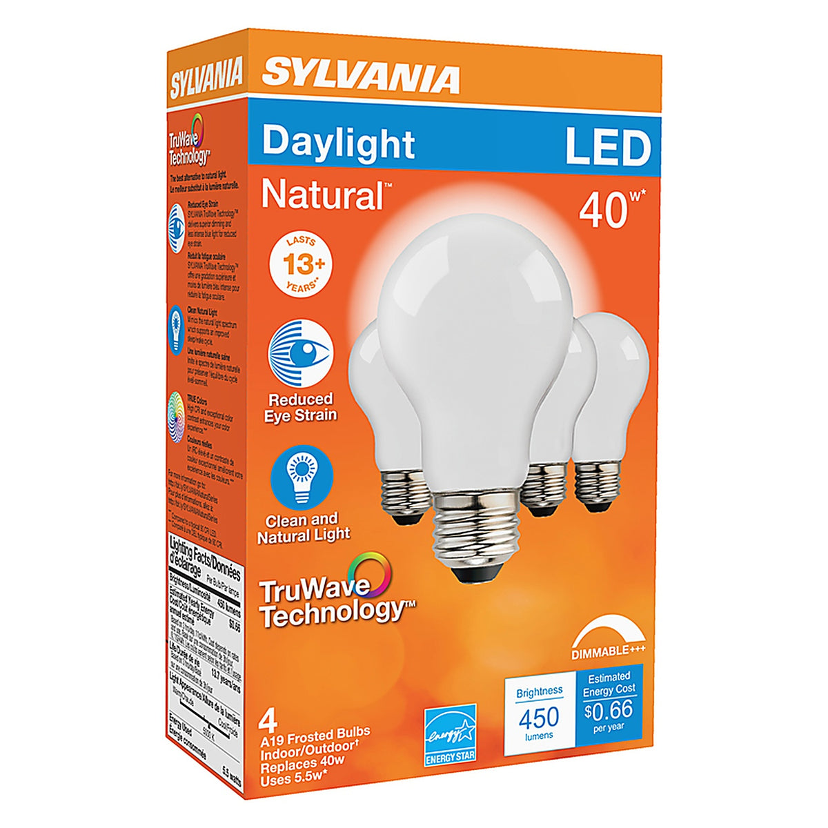 Sylvania 40669 Natural A19 E26 (Medium) LED Bulb Daylight 40 W 4 pk