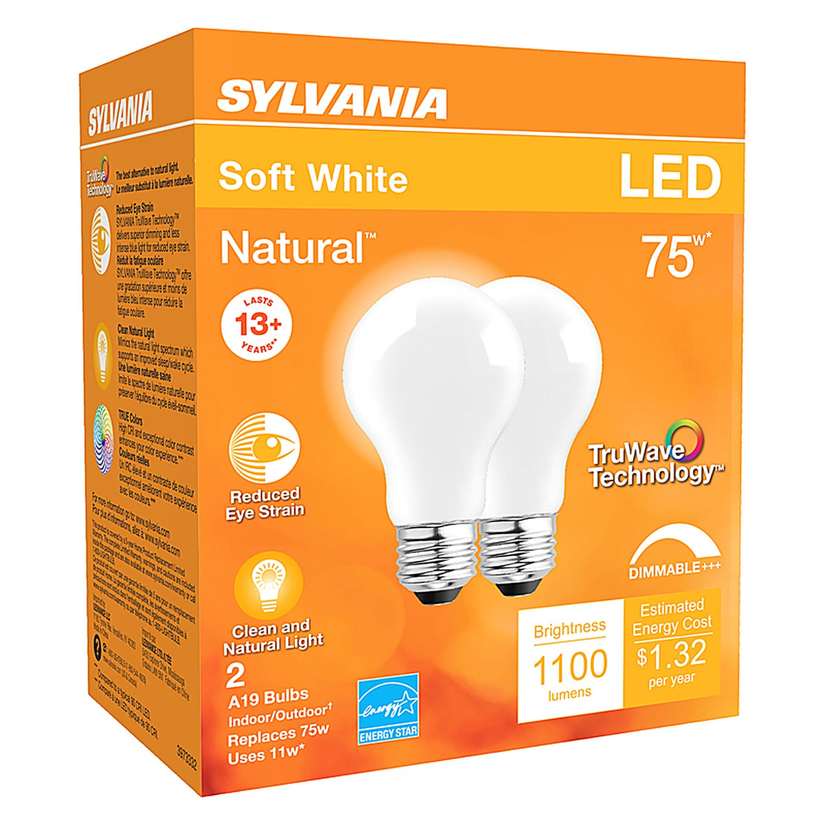 Sylvania 40750 Natural A19 E26 (Medium) LED Bulb Soft White 75 Watt Equivalence 2 pk