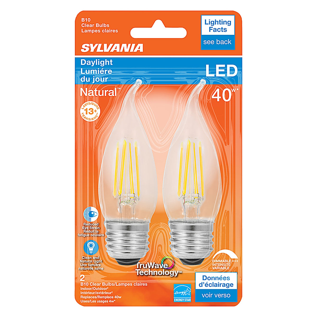 Sylvania 40792 Natural B10 E26 (Medium) LED Bulb Daylight 40 W 2 pk