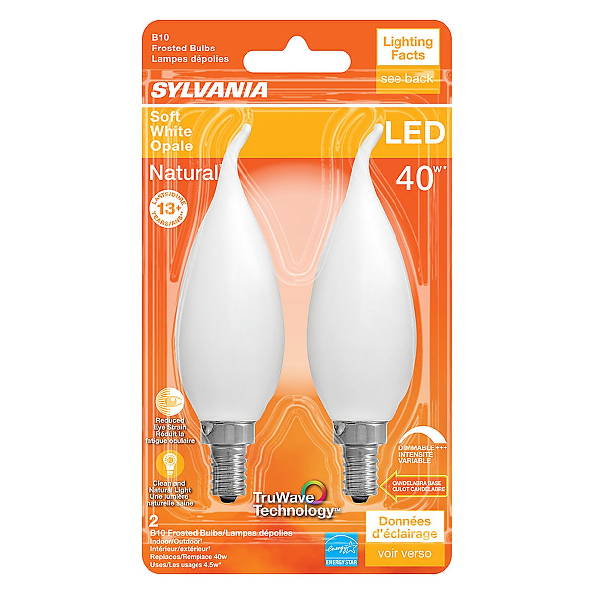 Sylvania 40779 Natural B10 E12 (Candelabra) LED Bulb Soft White 40 W 2 pk