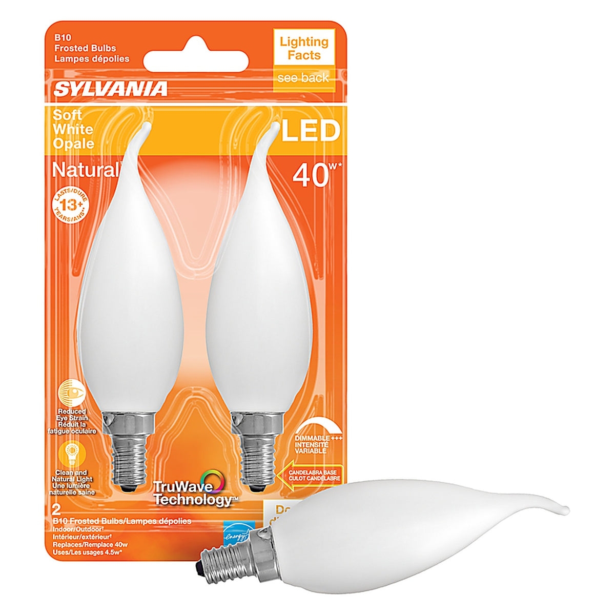 Sylvania 40779 Natural B10 E12 (Candelabra) LED Bulb Soft White 40 W 2 pk